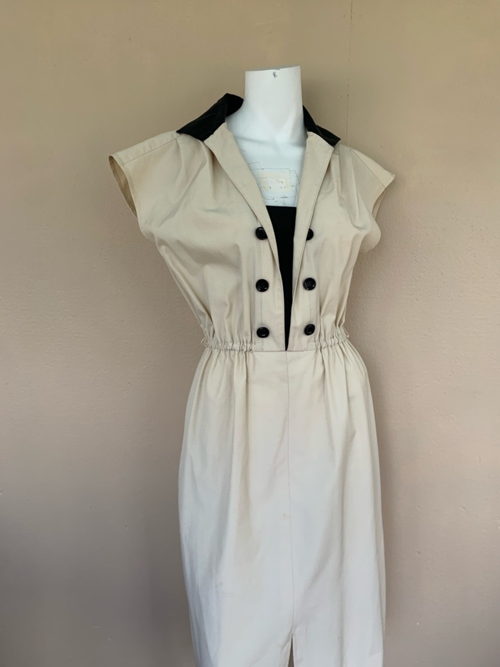 Vintage Cap Sleeve Military Dress | 80s Double Buttoned A-Line Midi Dress - Picture 5 of 9
